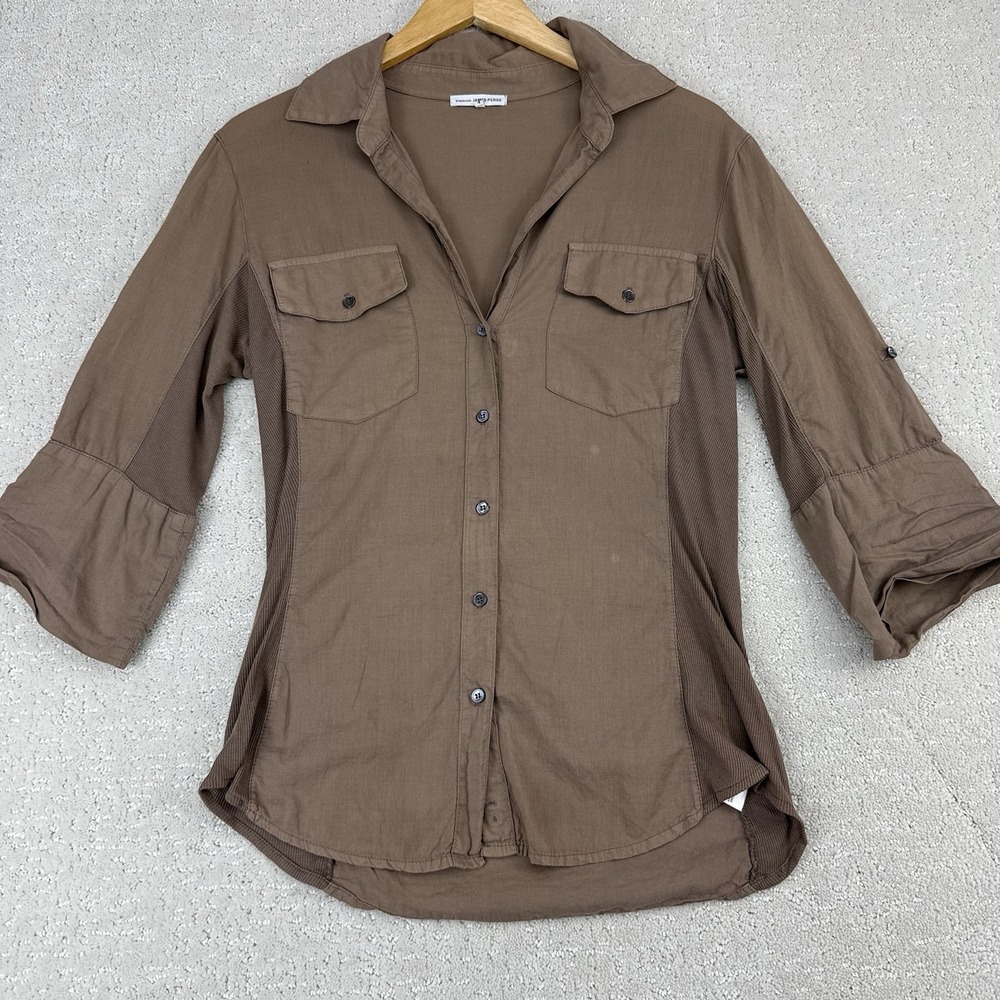 James Perse Roll Tab Button Up Shirt Womens L/XL Brown Utility‎ Top $225